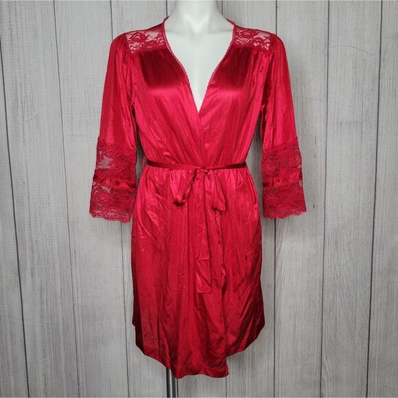 Vintage Texsheen Red Midi Robe with Lace Sleeves, size Medium - Picture 1 of 5